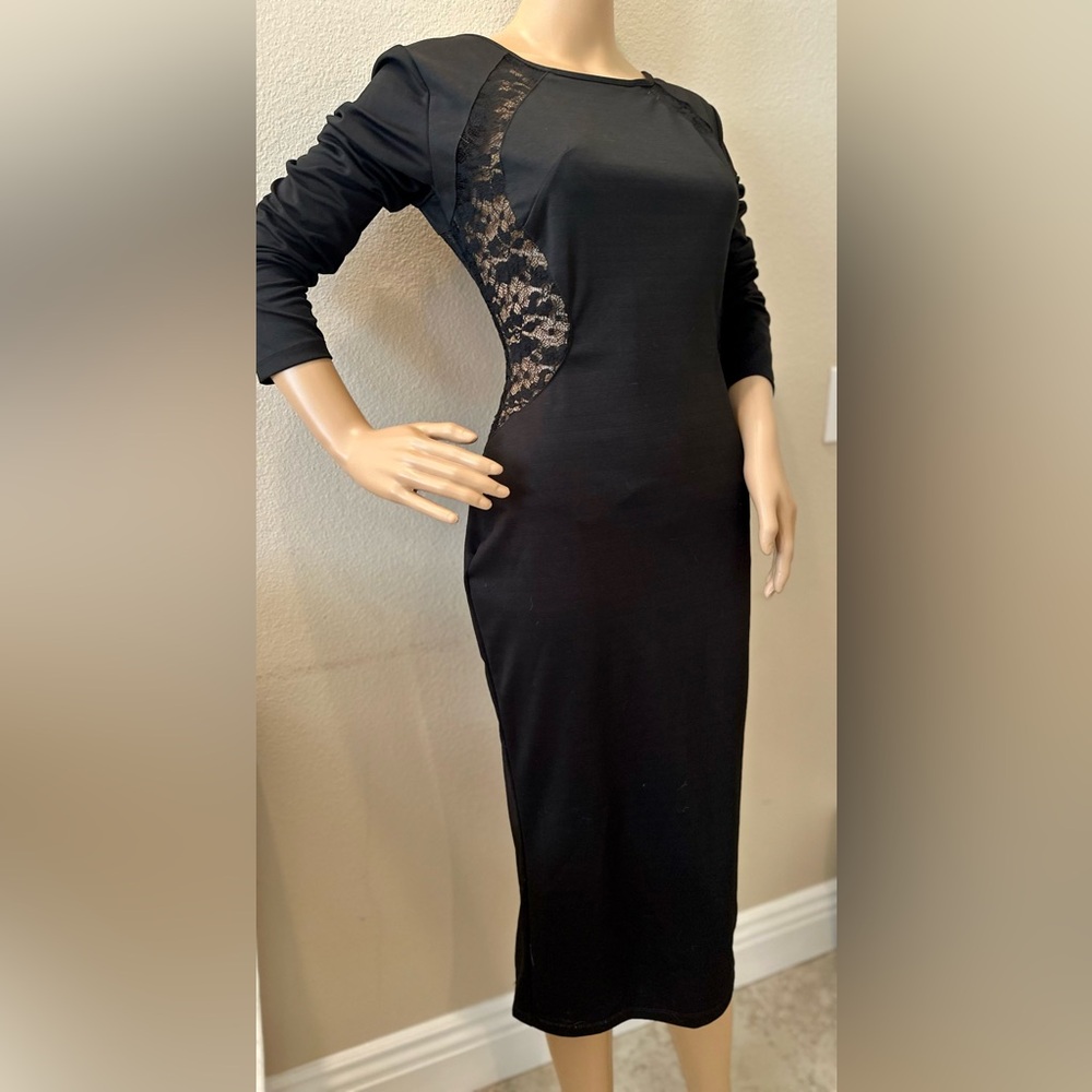 Black Bodycon Midi Dress with Long Cuffed Sleeves for Cocktail
